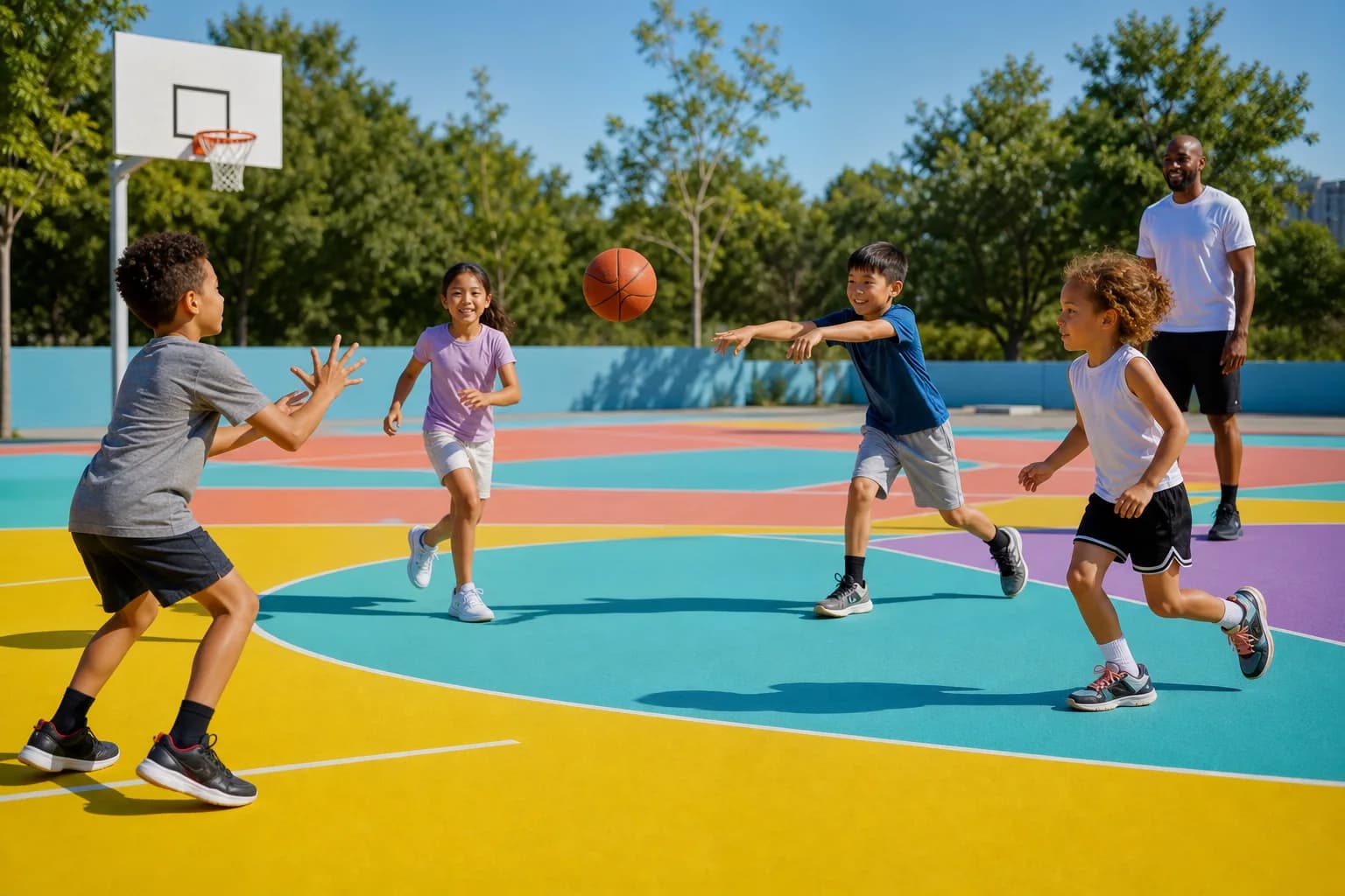 Children passing a basketball on a colourful outdoor court