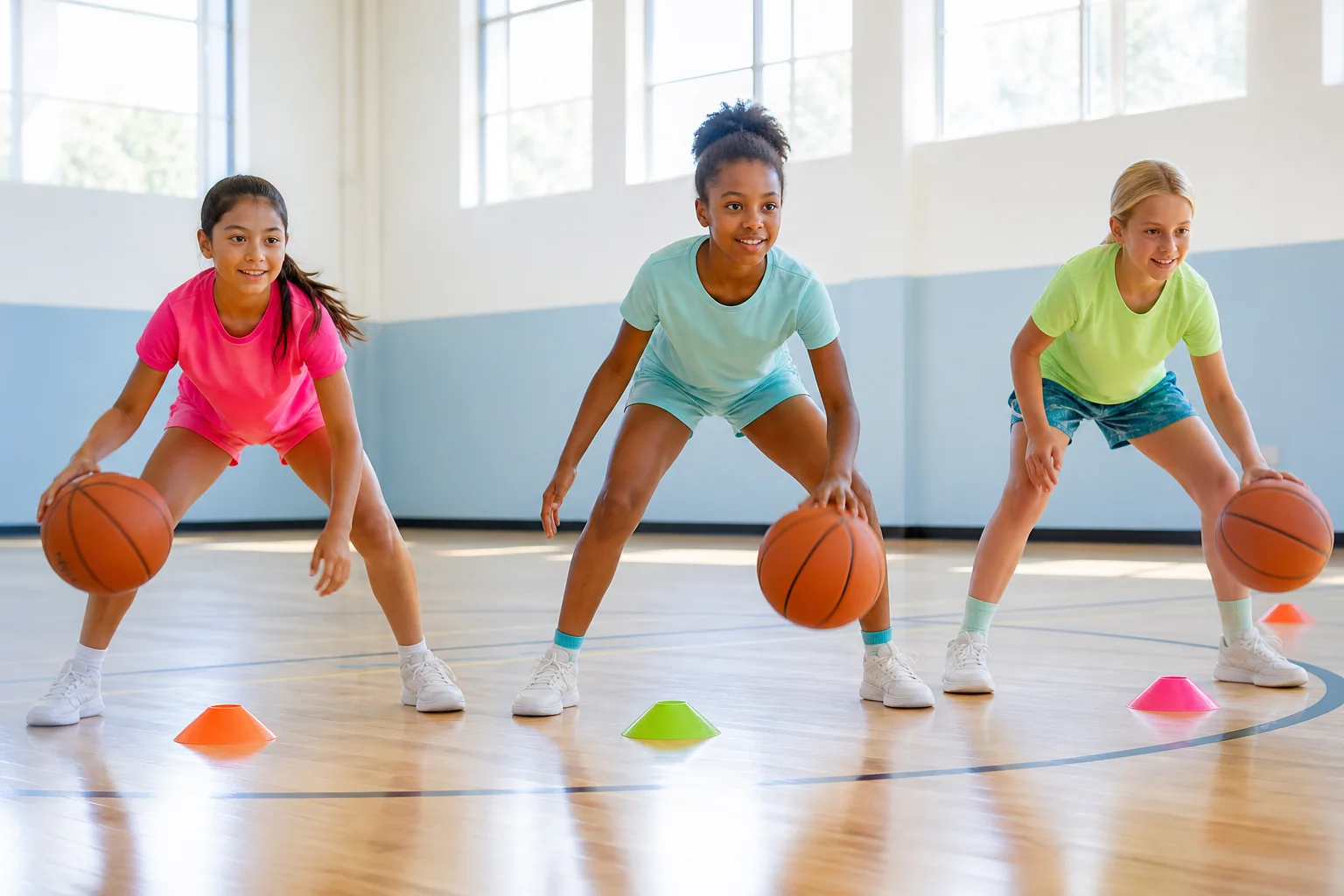 Three girls practising ball handling together in a bright gym