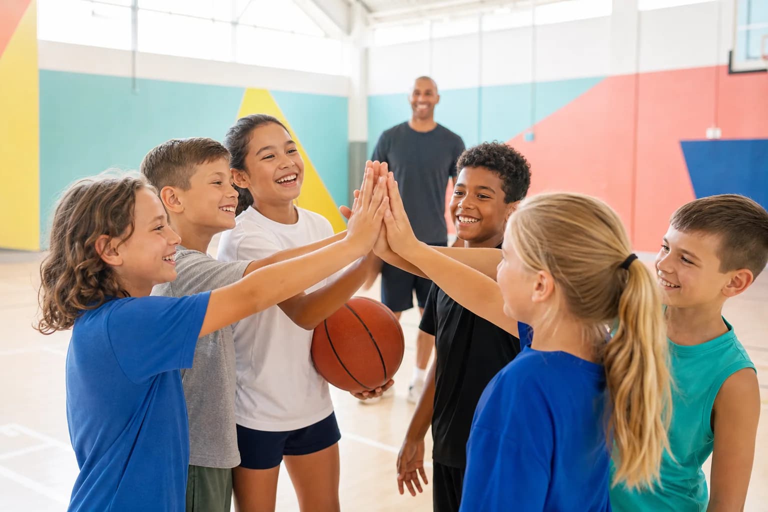 A diverse group of young players sharing a team high-five